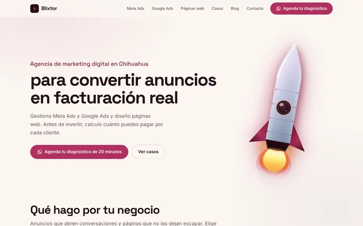 Portada del sitio de Blixtor (blixtor.mx) en computadora